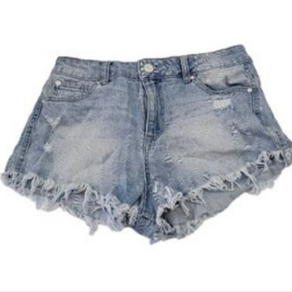 Celebrity Pink Distressed Denim 5 pocket design Cutoff Shorts With Frayed Hem Wo